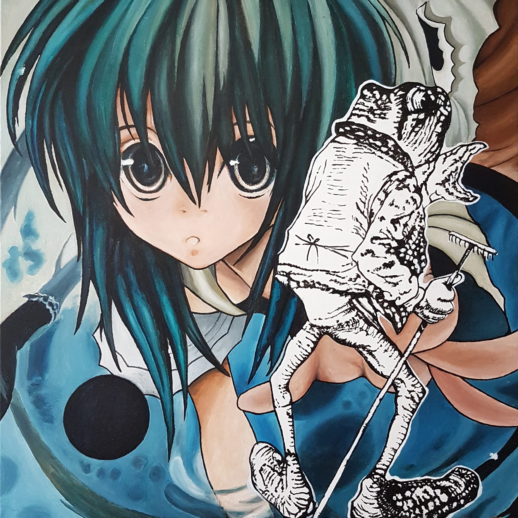 Eine Mangafigur im Hintergrund und eine gezeichnete Froschgestalt im Vordergrund