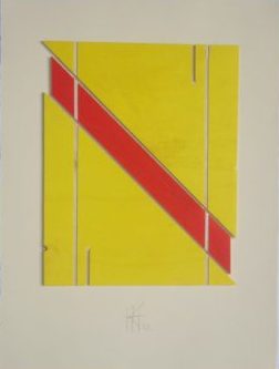 Gelbe Streifen aus Pappelsperrholz werden diagonal durch einen roten Streifen aus Pappelsperrholz durchbrochen