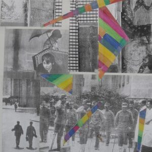 Collage aus schwarz-weiß Fotografien & farbigen Streifen