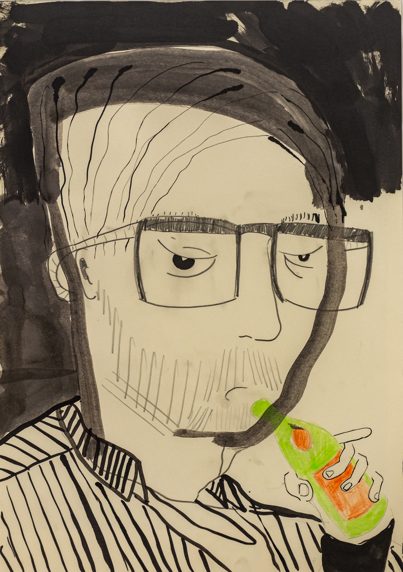 Schwarz-weiß Zeichnung eines Mannes. Nur die Flasche, die er sich zum Mund führt, ist grell grün.
