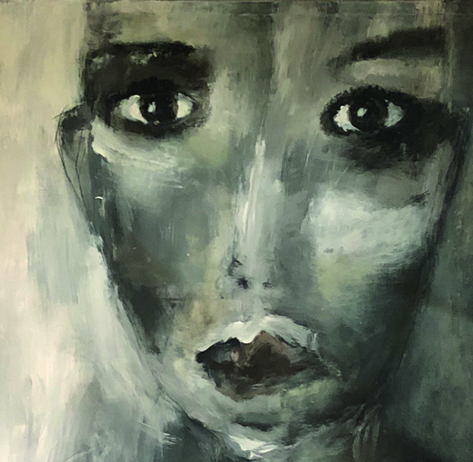Malerei: Eine Frau schaut traurig den Betrachter an