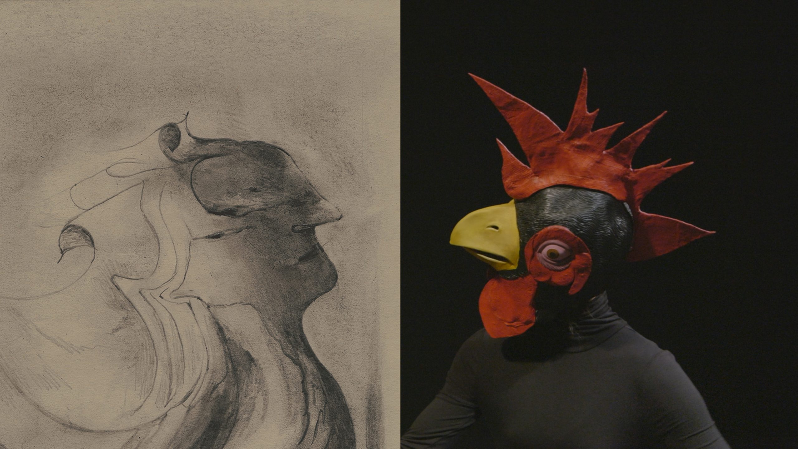 Links die Zeichnung einer menschenähnlichen Gestalt, rechts Die Maske eines Hahns vor einem schwarzen Hintergrund