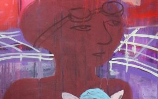 Ein Gemälde mit einem Jungen der eine Schwimmbrille trägt.