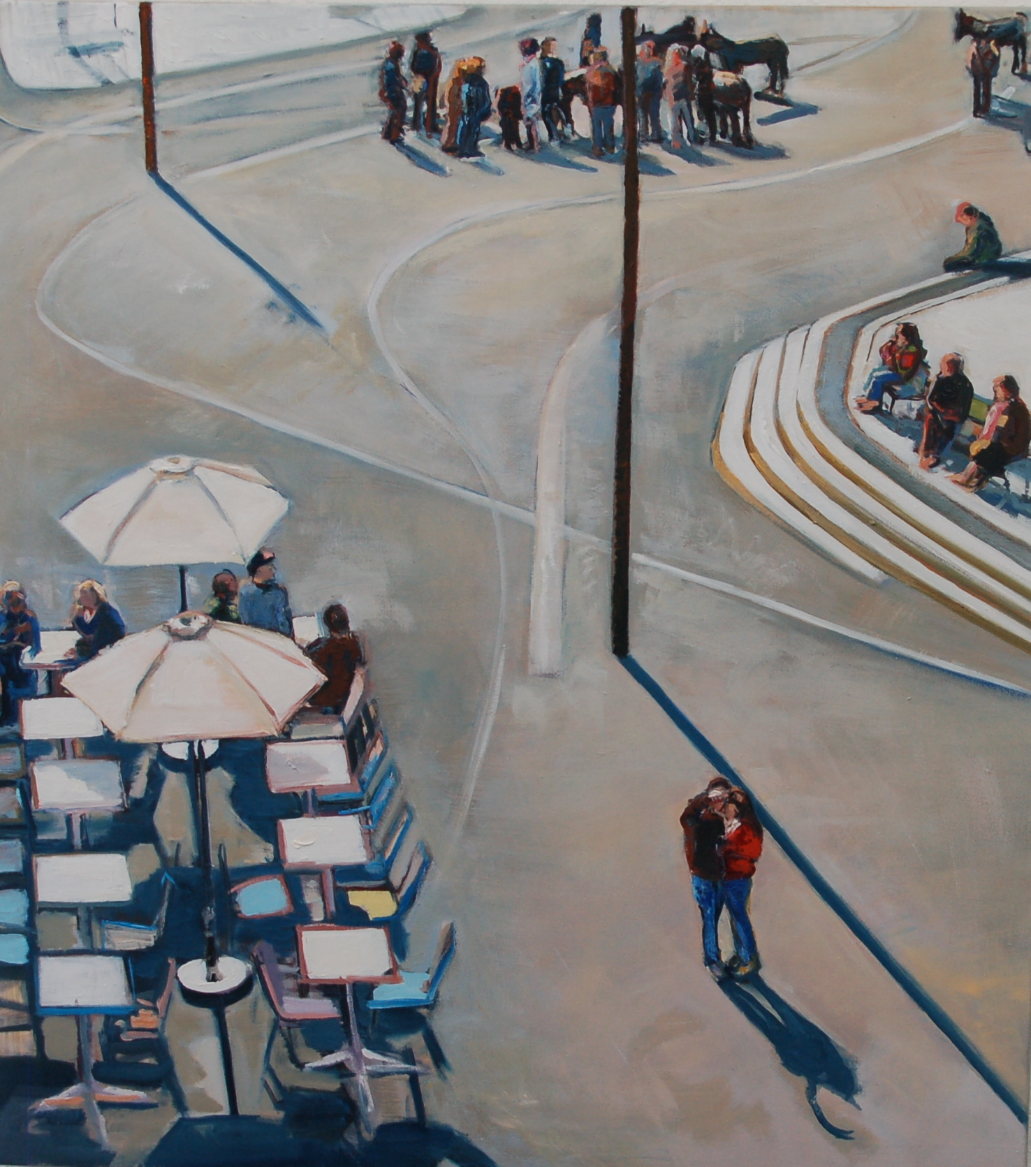 Ein Gemälde vom Sonnehausplatz in mönchengladbach. Man sieht Menschen, die auf dem Platz stehen oder sitzen. Dazu der Ausschnitt eines Cafés