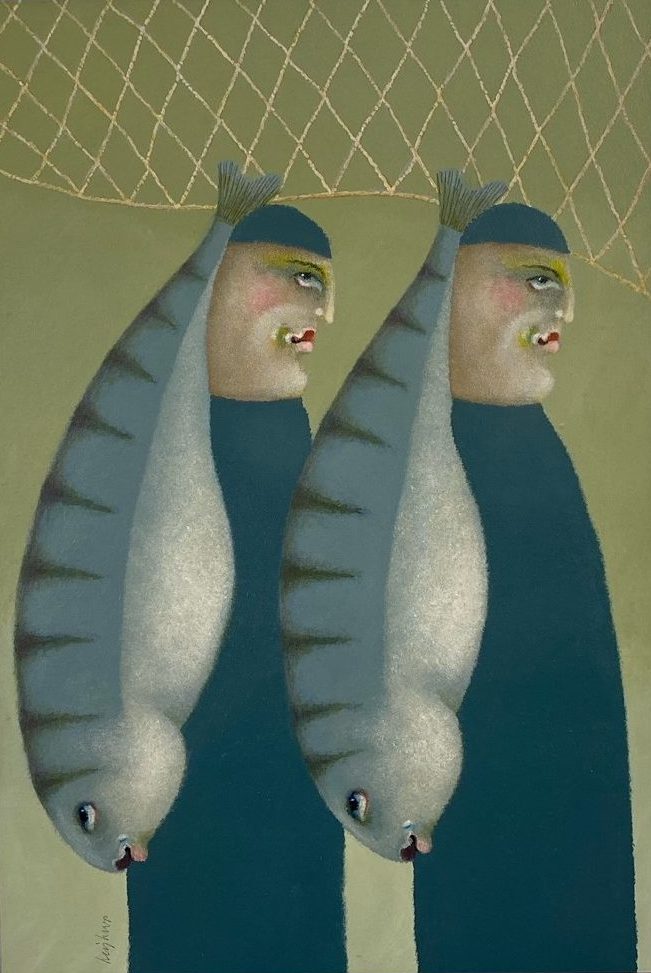 Gemälde mit zwei Personen und zwei Fischen