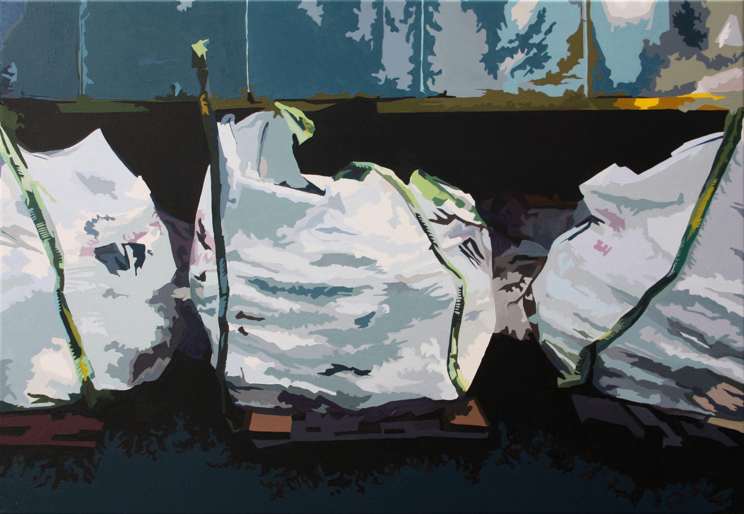Gemälde von drei voll bepackten, weißen Säcken.