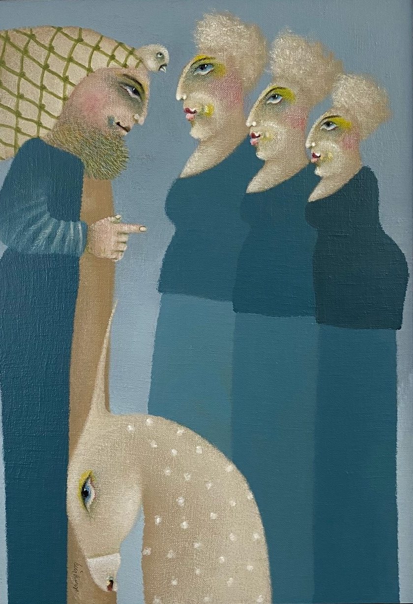Gemälde von vier Personen und zwei Vögeln.