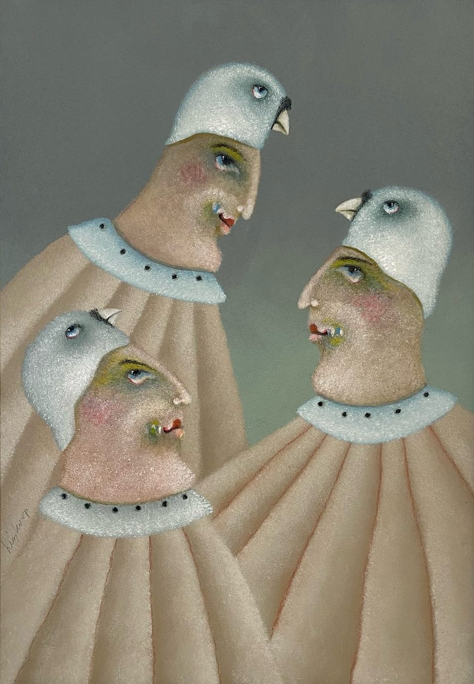 Gemälde von drei Personen mit Vogelhüten.