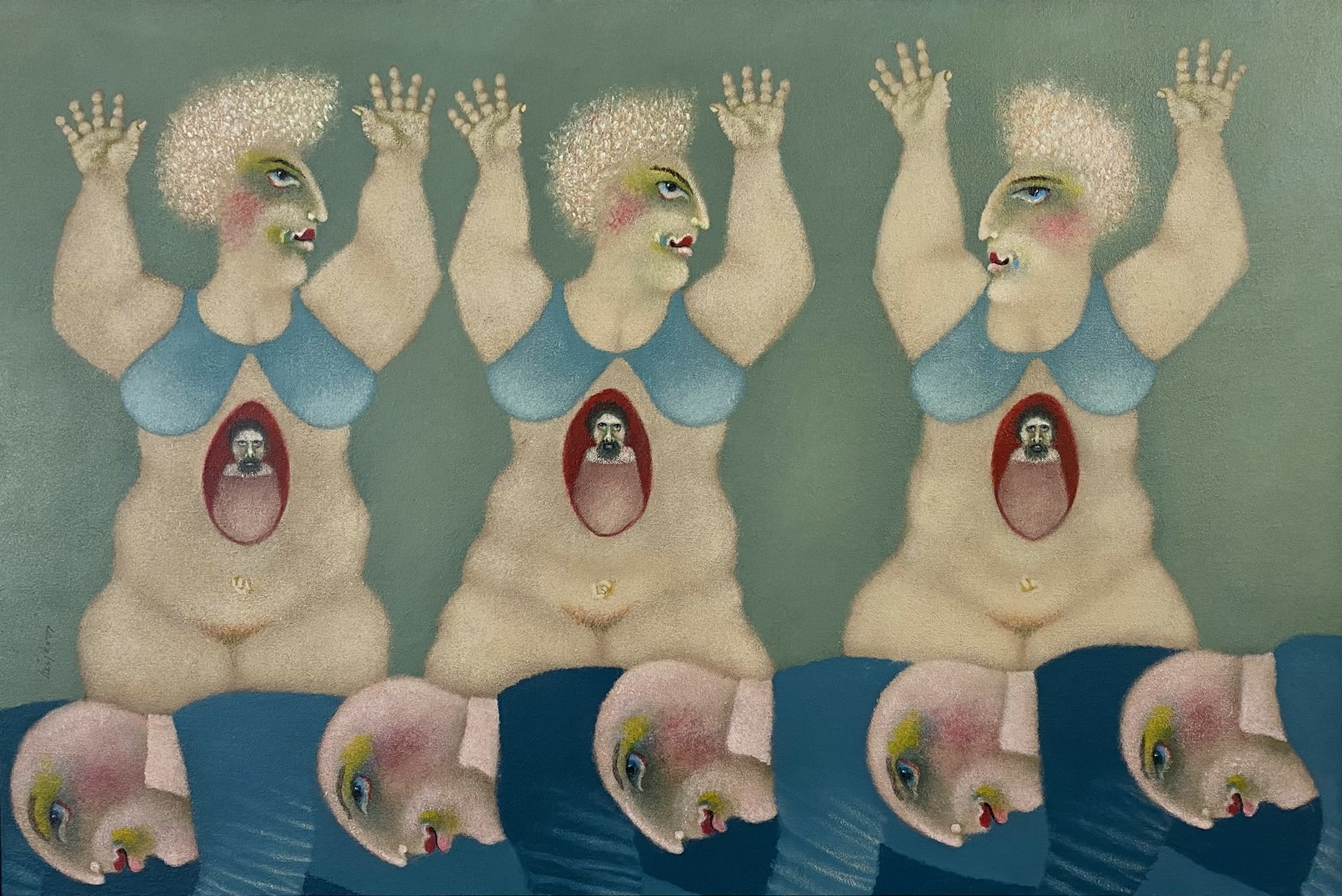 Gemälde von drei Frauen mit nach oben gestreckten Armen und fünf weiteren Personen, die sich bücken.
