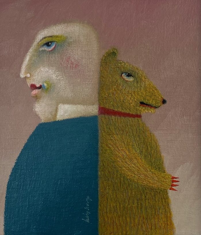 Gemälde von einer Person und einem Hund.