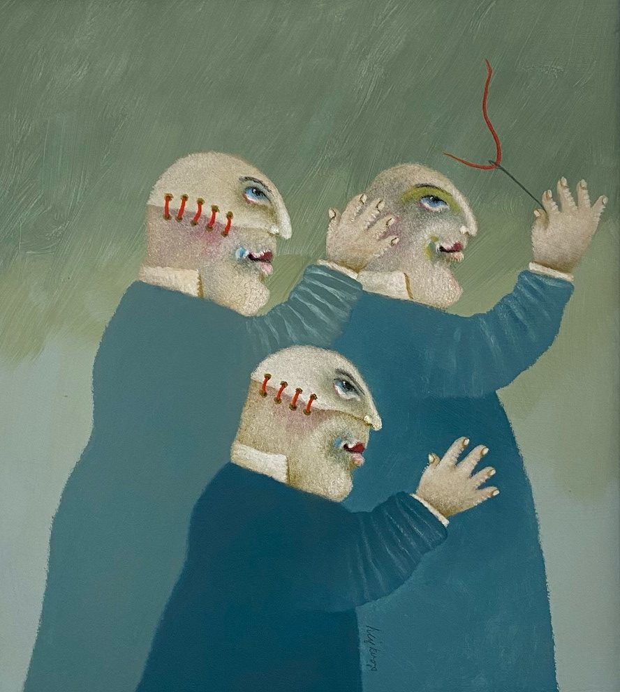 Gemälde von drei Personen mit Nähten an den Köpfen, und einer Nadel mit rotem Faden.