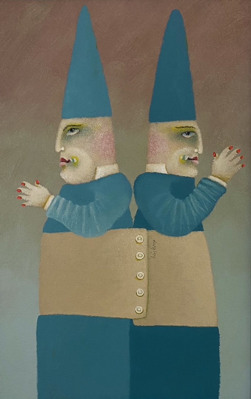 Gemälde von zwei Personen, Rücken an Rücken.