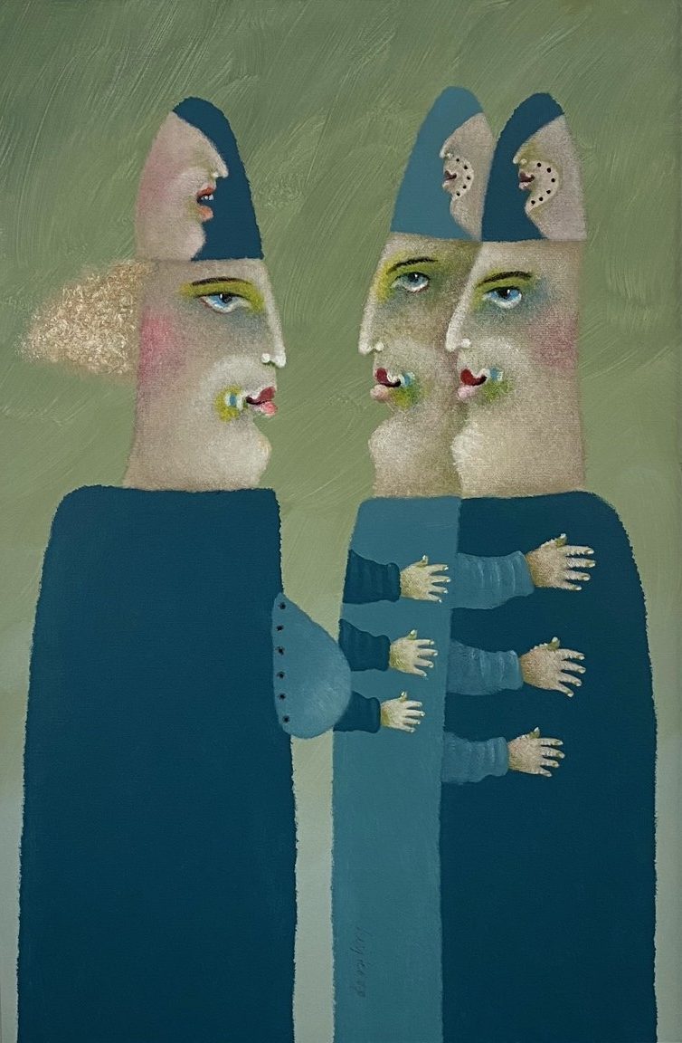 Gemälde von drei Personen, die sich gegenüberstehen.