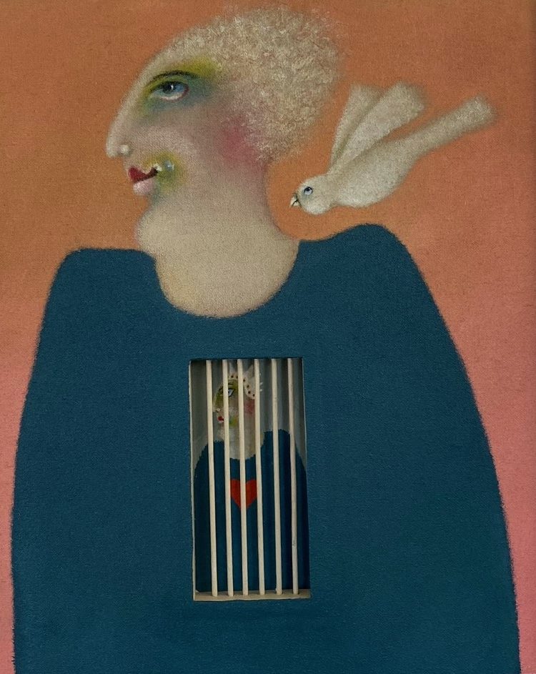 Gemälde von einer Person und einem Vogel.