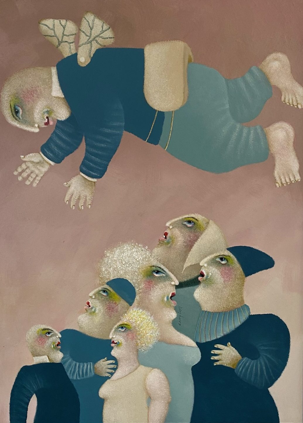 Gemälde von einer Gruppe von Personen und einer Person mit Flügeln.
