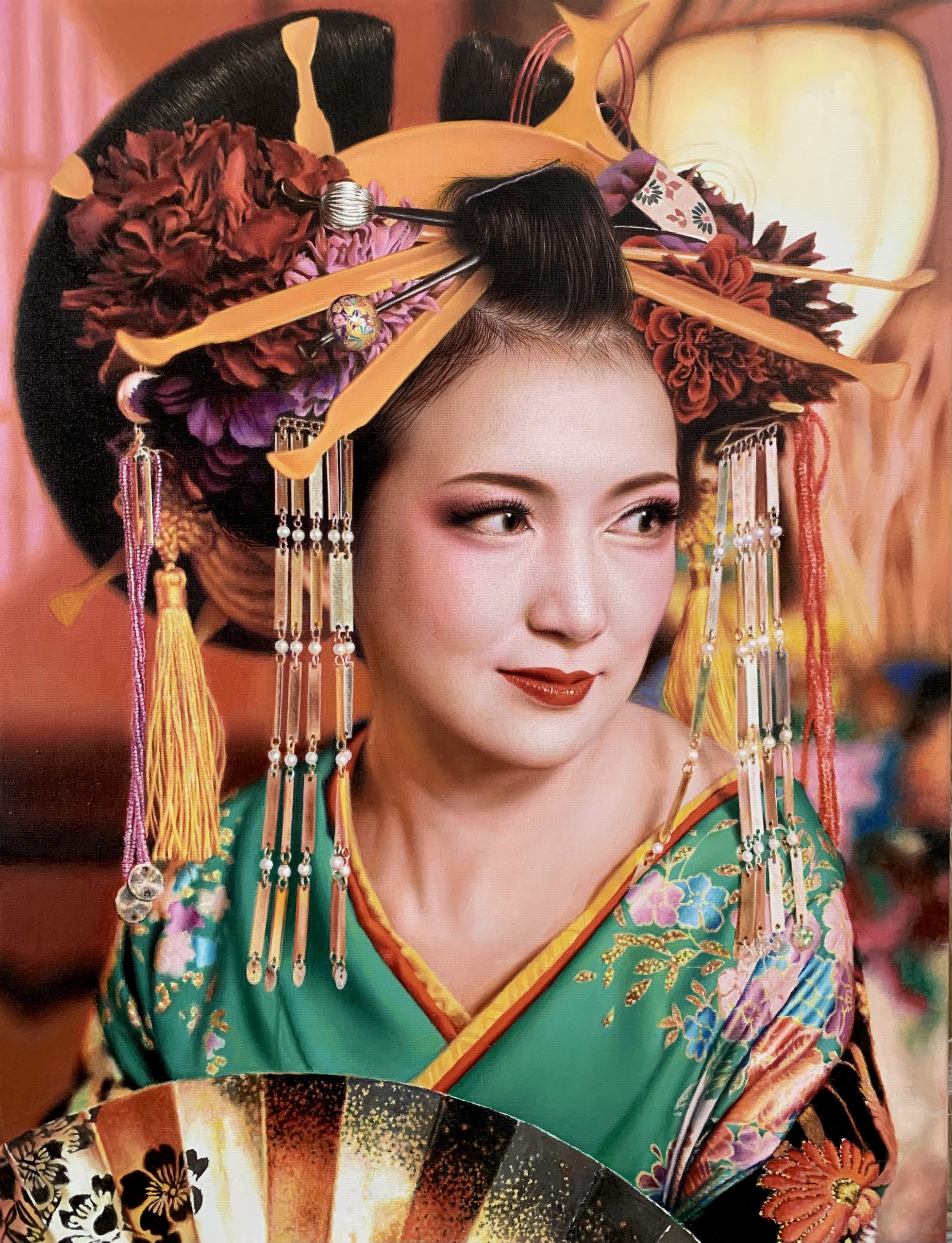 Die Zeichnung einer Frau im Kimono